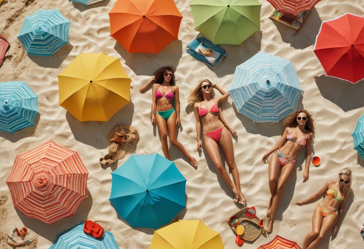 A sunny beach scene filled with women showcasing the latest bikini trends, featuring diverse styles like high-waisted, crochet, and vibrant prints. Surround them with colorful beach umbrellas, surfboards, and beach accessories, while the ocean waves gently lap at the shore. The atmosphere is lively with soft sunlight casting warm tones throughout. super-realistic. vibrant colors. summer vibes.